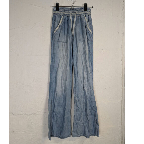 Rewash Pants - Rewash Chambray Denim Pants Lightweight Wide Leg Shirred Stretch Blue Small